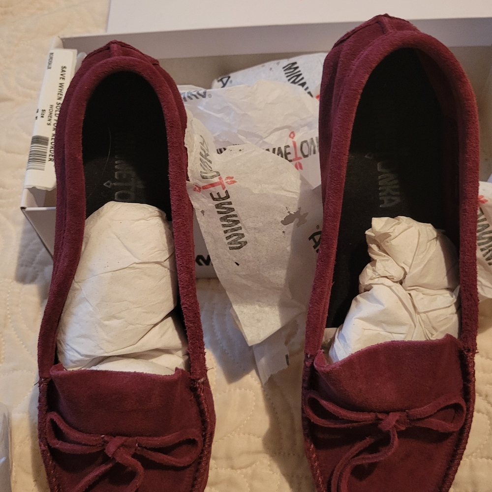 Minnetonka Burgundy Suede Moccasin Flats with Bow